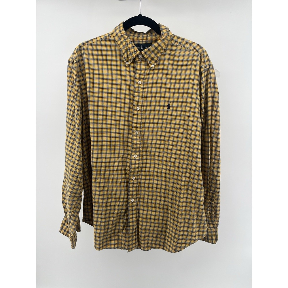 Ralph Lauren Mens XL Classic Fit Plaid Button Down Shirt Yellow Blue Pony Logo